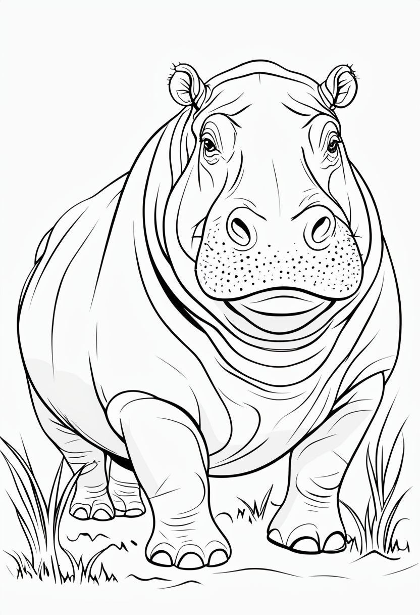 Intricate Black and White Hippopotamus Outline Drawing Coloring Book Pages