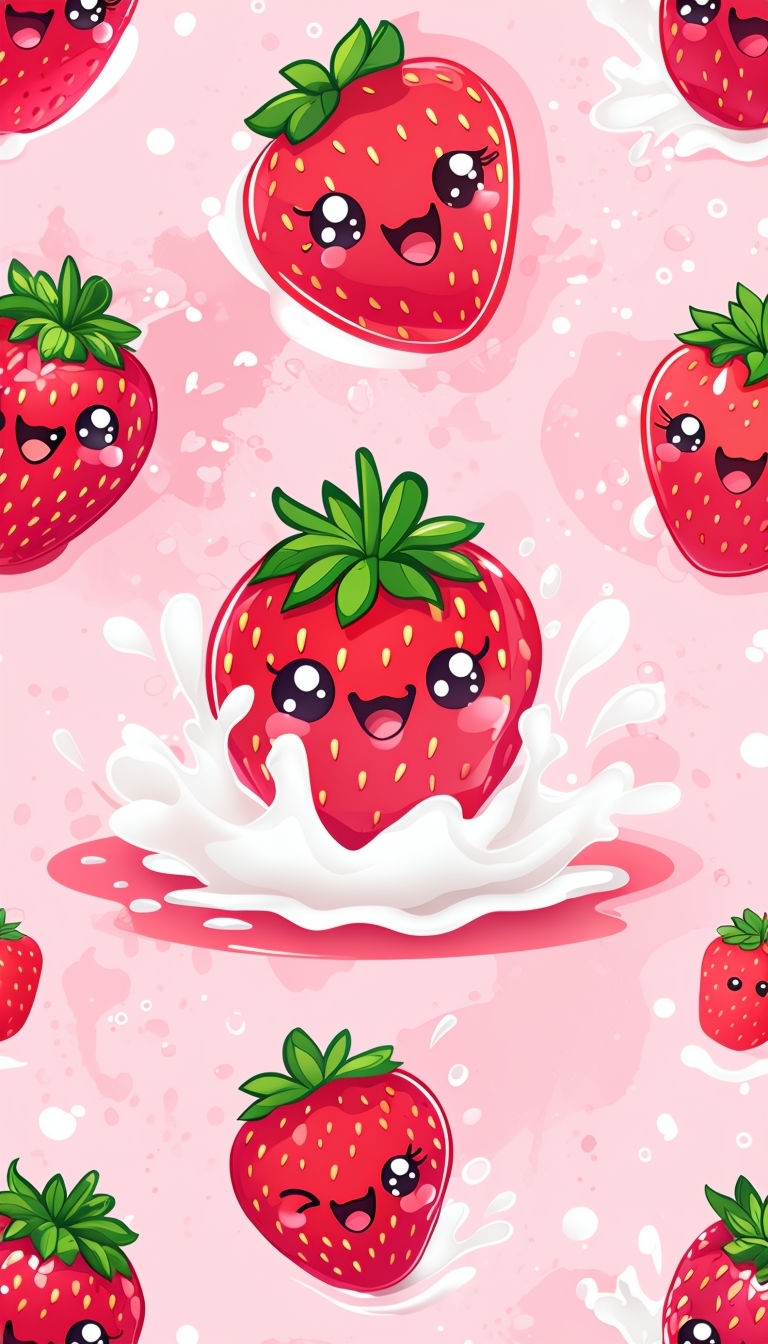 Kawaii Cute Cartoon Strawberries and Cream Pattern Phone Case Cover