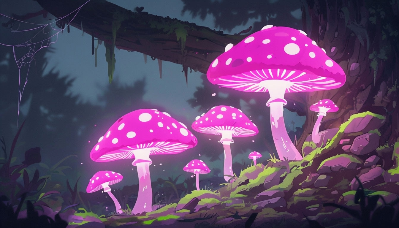 Mystical Forest with Glowing Pink Mushrooms Virtual Background