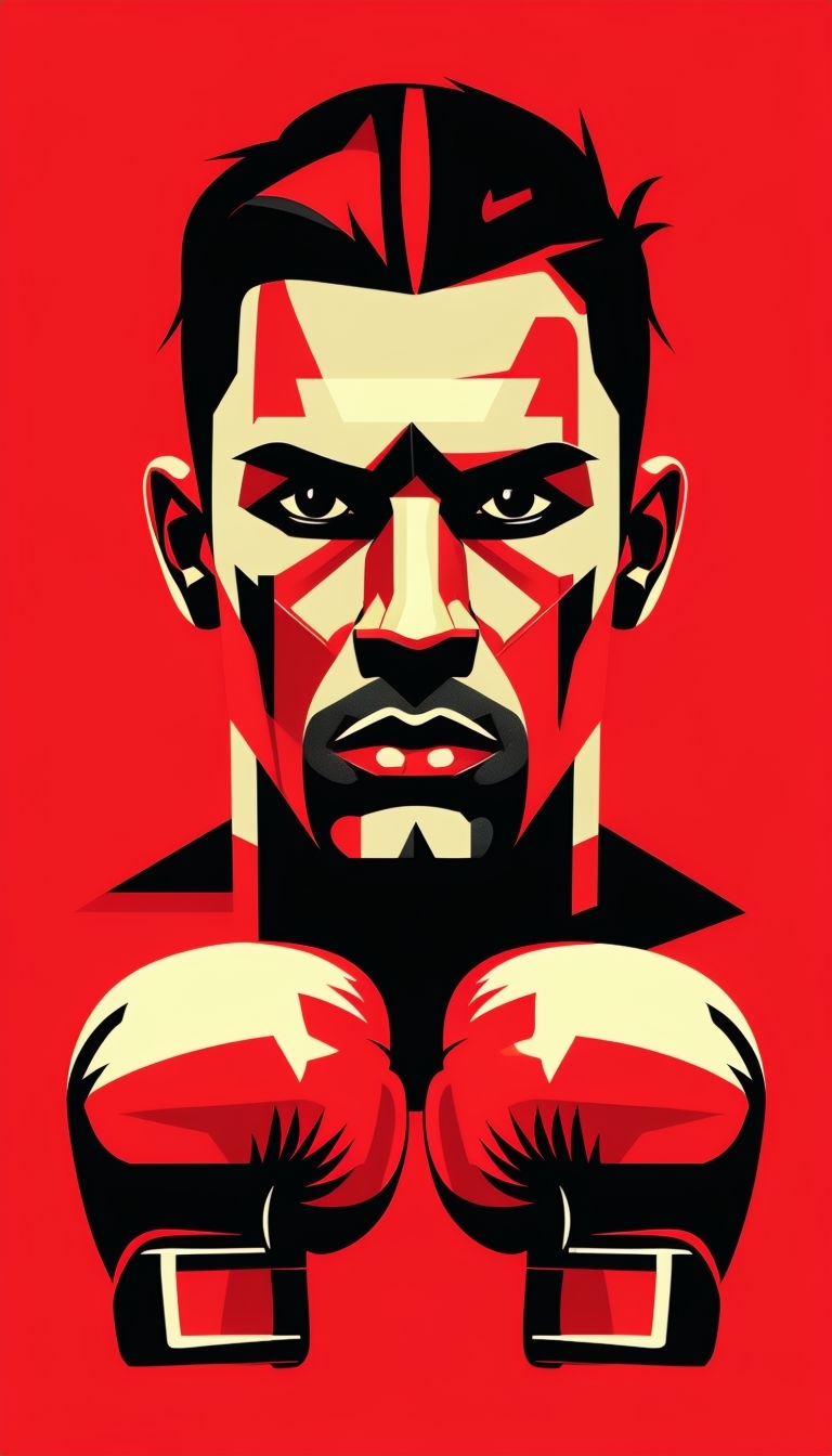 Bold Geometric Boxer Portrait Illustration in Red and Black Art