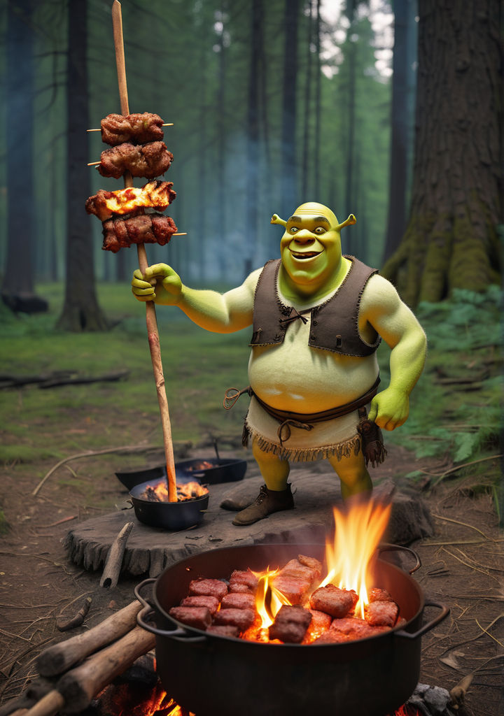 Shrek roasts kebabs on a campfire in the forest by Иван Маклаков ...