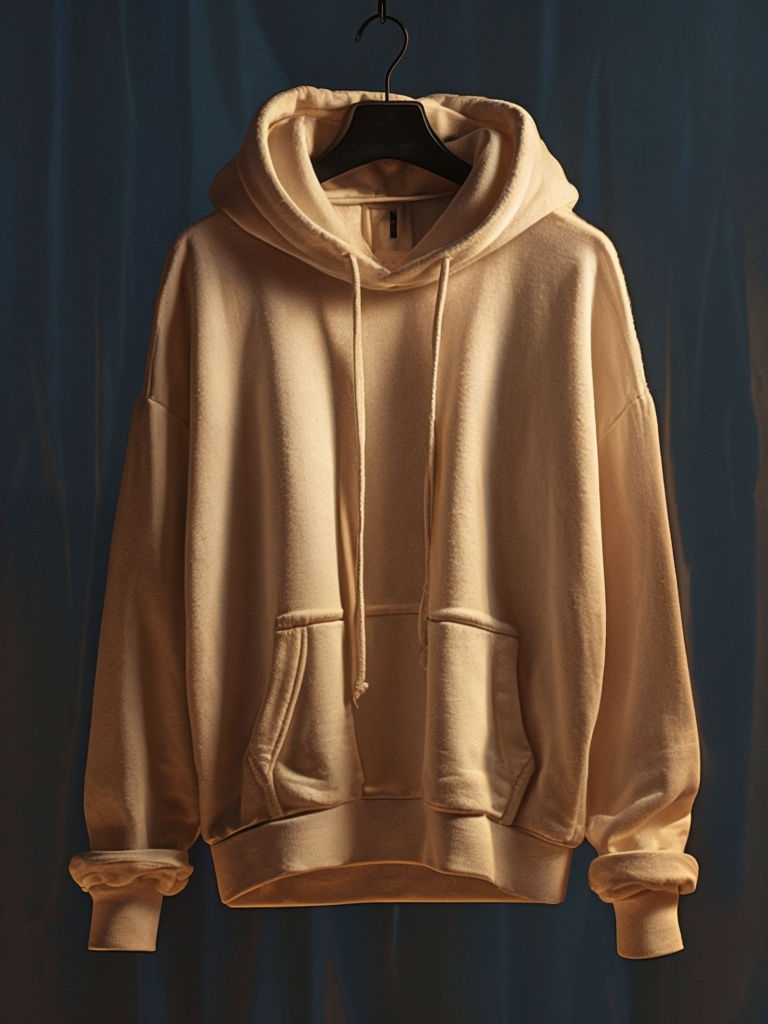 Minimalist Beige Hoodie Hanging on Hanger Photograph Mockup