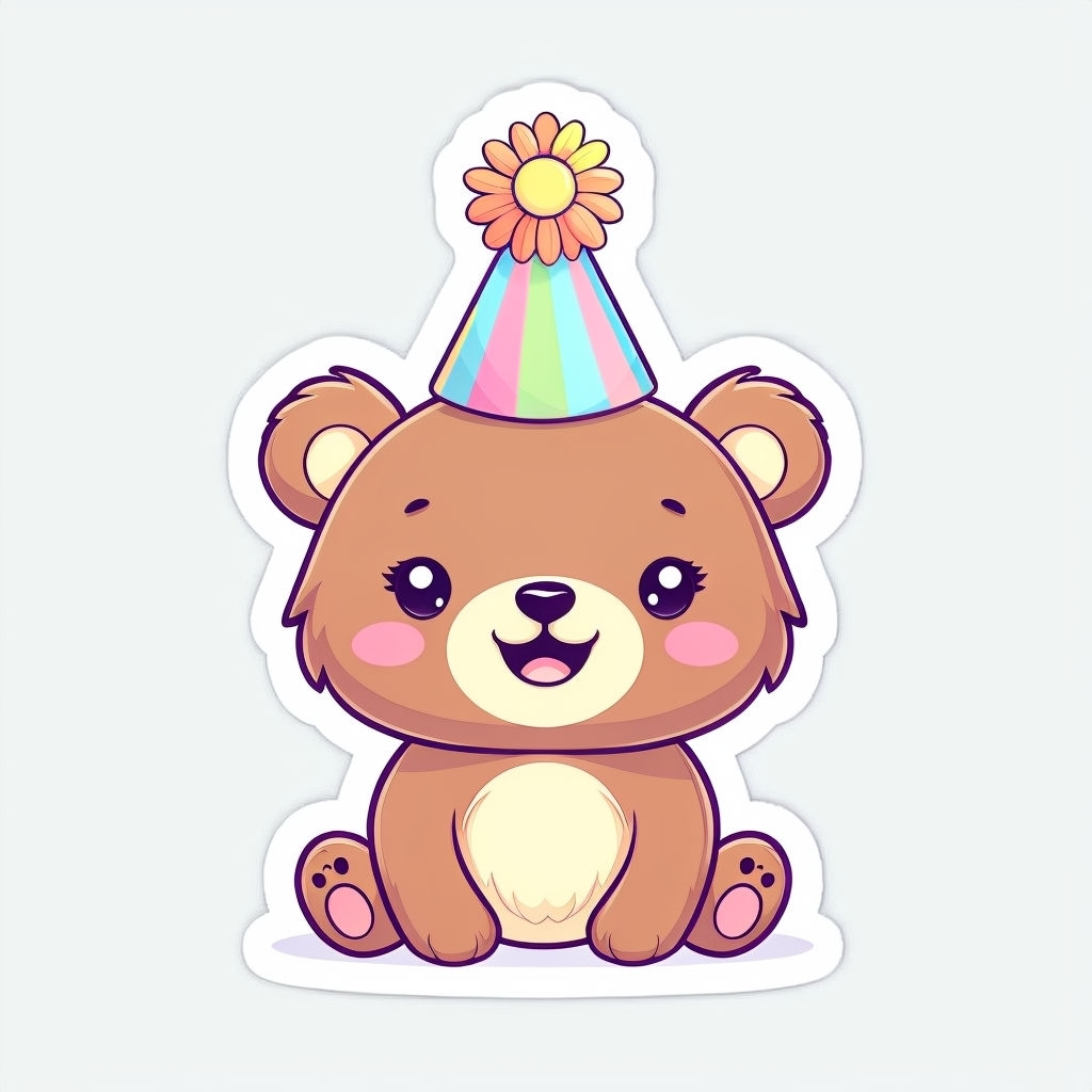 Cute Cartoon Brown Bear with Party Hat Sticker