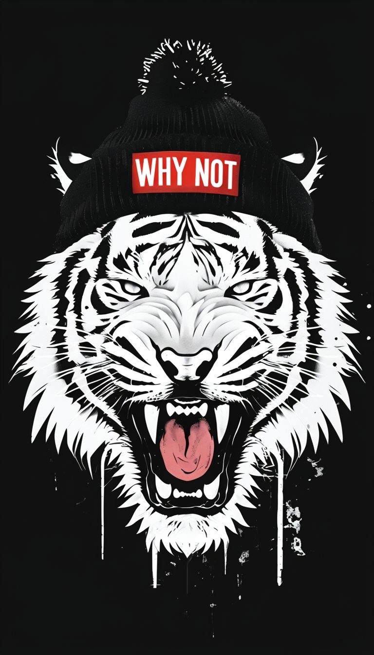 Bold Roaring White Tiger with Beanie and Why Not Text T-Shirt