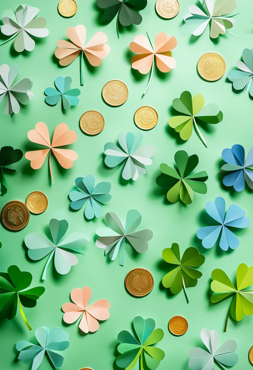 Vibrant Four-Leaf Clover and Gold Coins Pattern Mobile Wallpaper