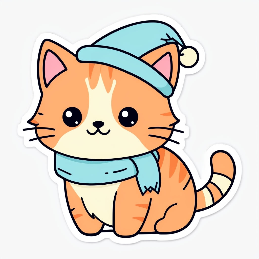 Adorable Cartoon Cat in Santa Hat and Scarf Sticker