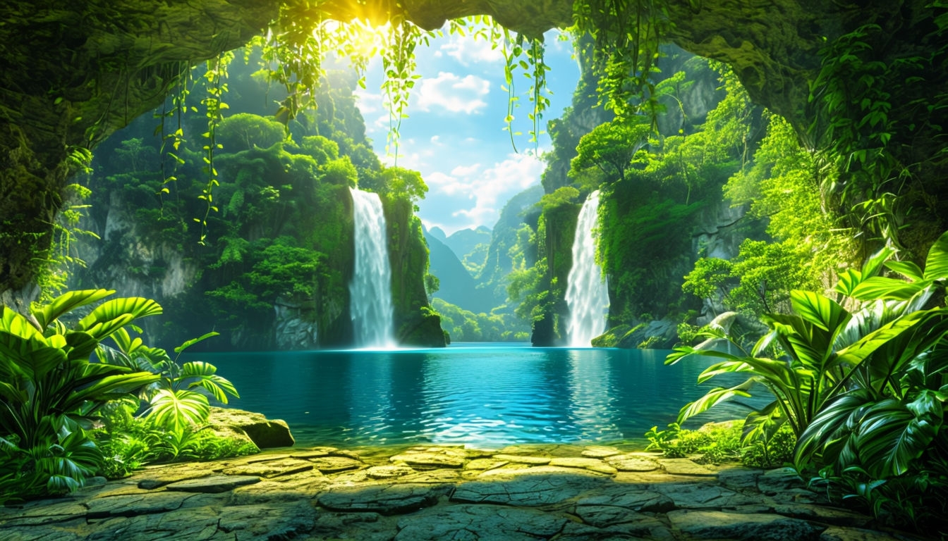 Serene Fantasy Landscape with Waterfalls and Lush Greenery Virtual Backgrounds