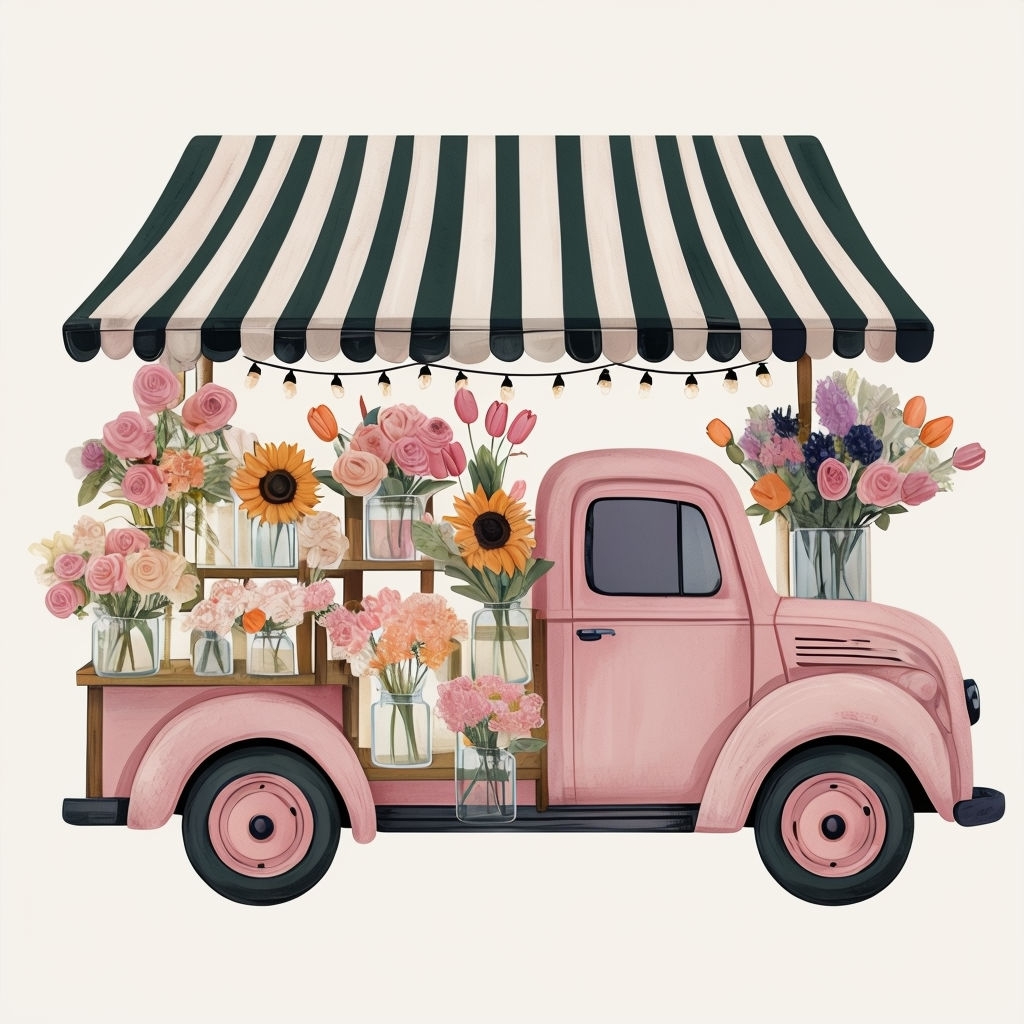 Whimsical Vintage Pink Flower Truck Illustration Seamless Pattern