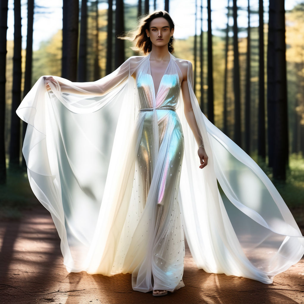 Plain flowy white opalescent transparent pearly gown on an a... by ...