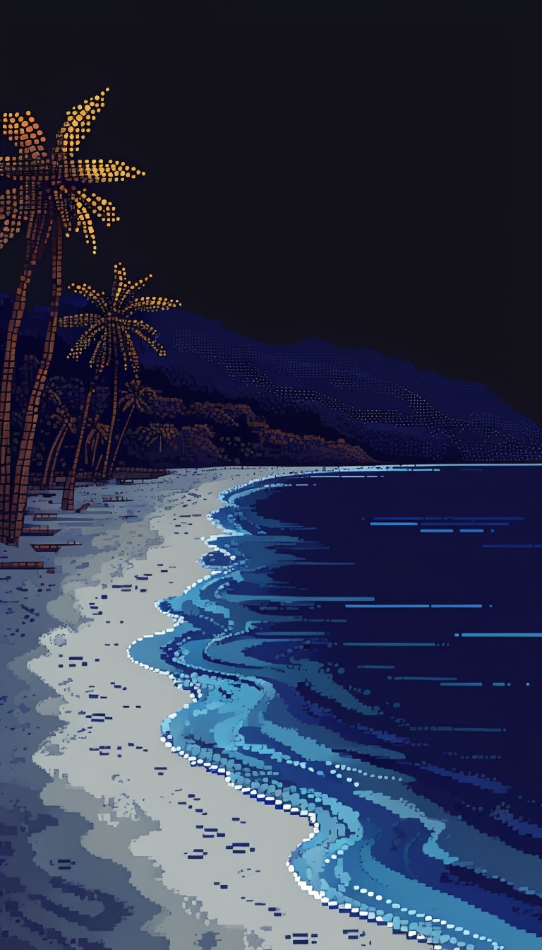 Tranquil 8-Bit Night Beach Scene Pixel Art Mobile Wallpaper
