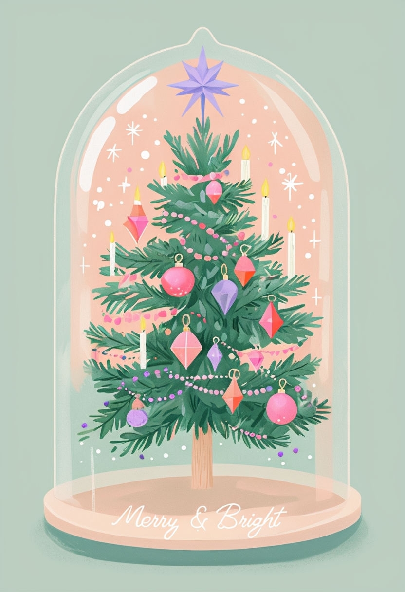 Whimsical Christmas Tree in Dome Illustration for Holiday Cheer Art