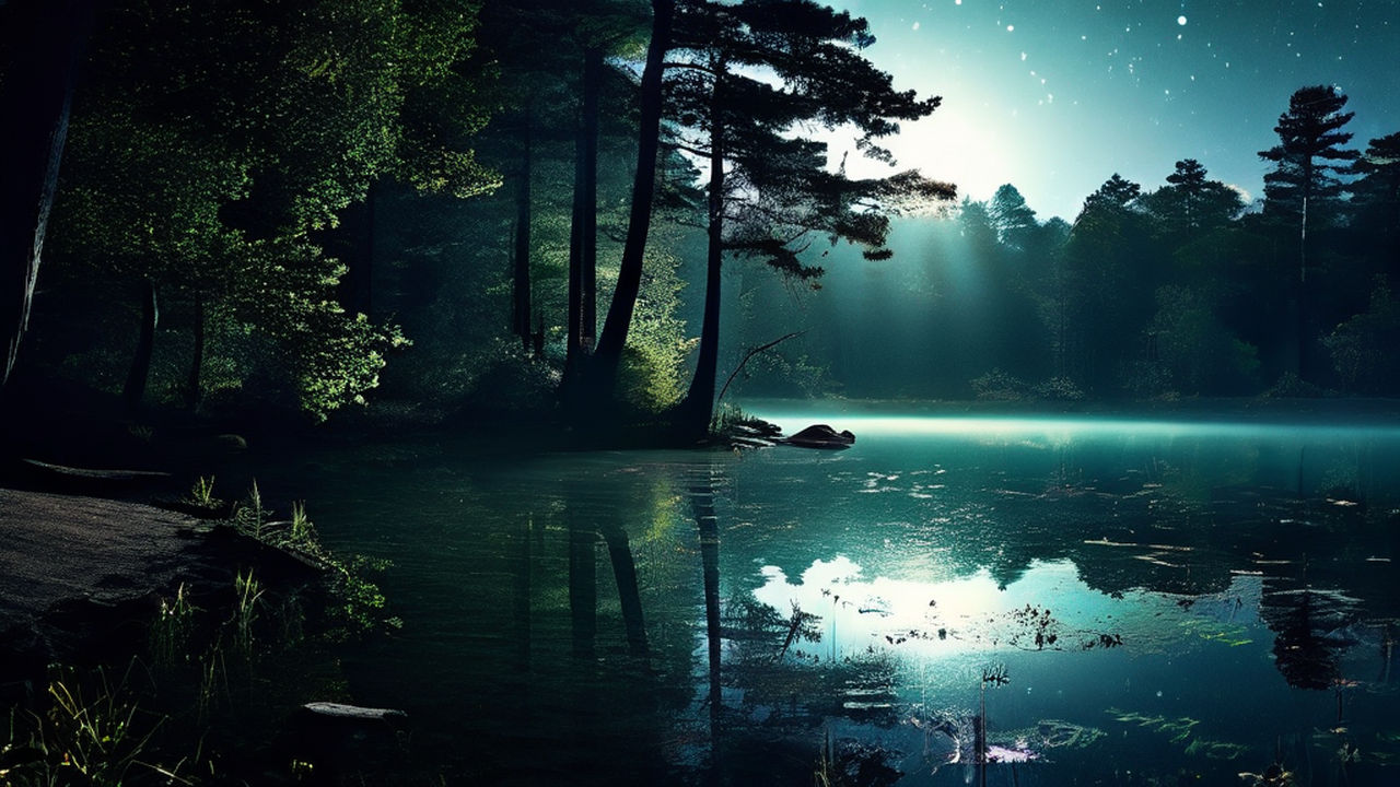 Prompt: A view of a secluded lake. Create a relaxing scene with a night sky view that induces a sweet sleep, moonlight reflected in the lake, and the shadows of the surrounding trees., haze, ultra-detailed, film photography, light leaks, Larry Bud Melman, trending on artstation, sharp focus, studio photo, intricate details, highly detailed, by greg rutkowski