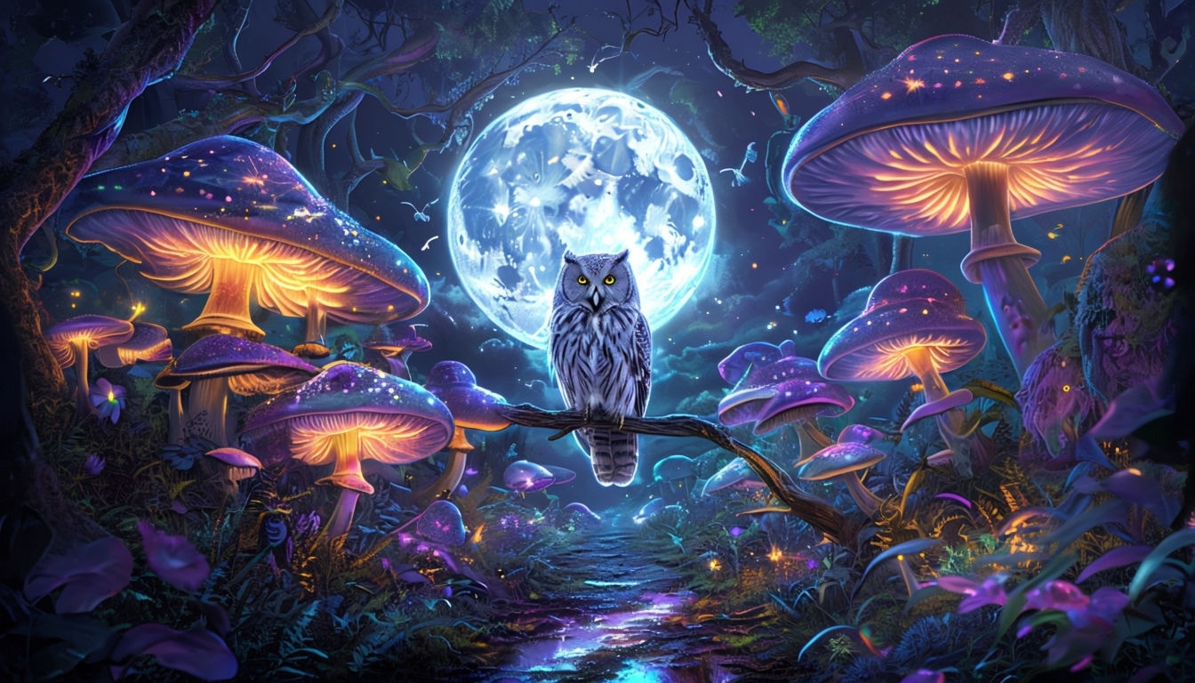 Mystical Forest with Glowing Moon and Owl Art