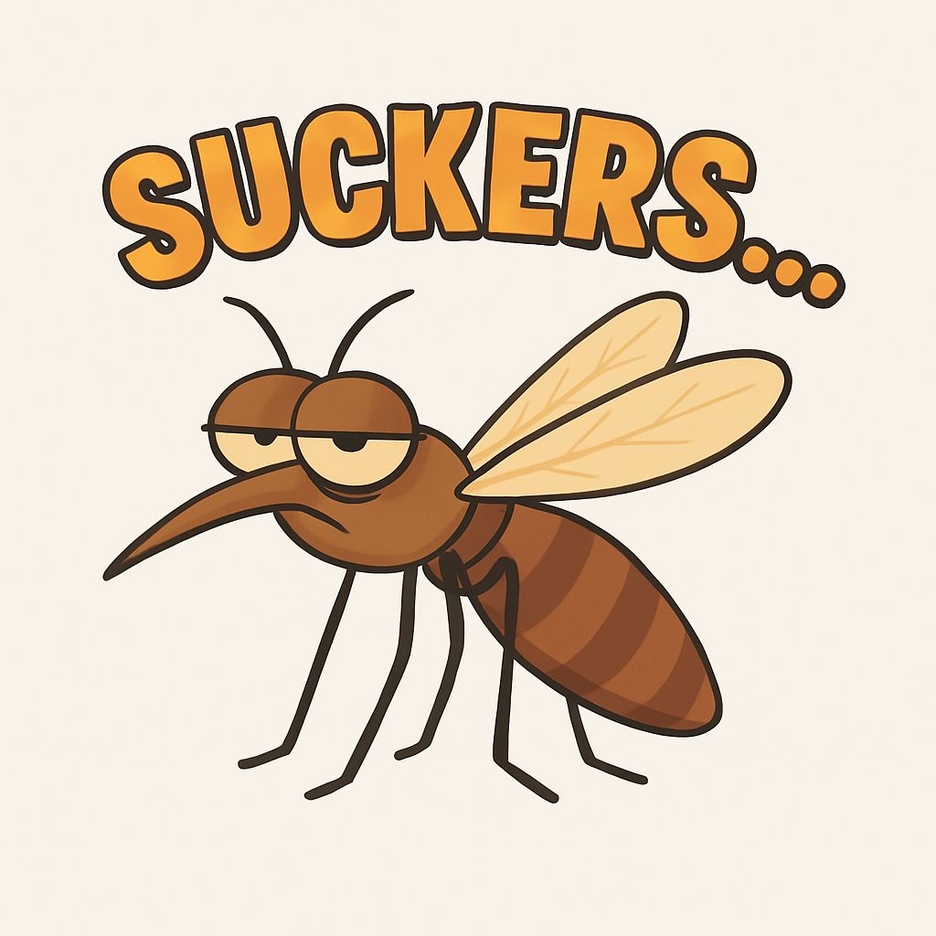 Playful Cartoon Mosquito Illustration with Suckers Text Sticker