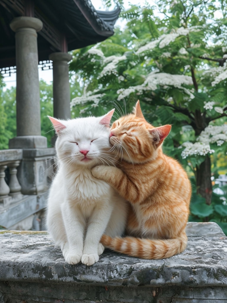 Adorable Cats in a Serene Garden Setting Illustration Art