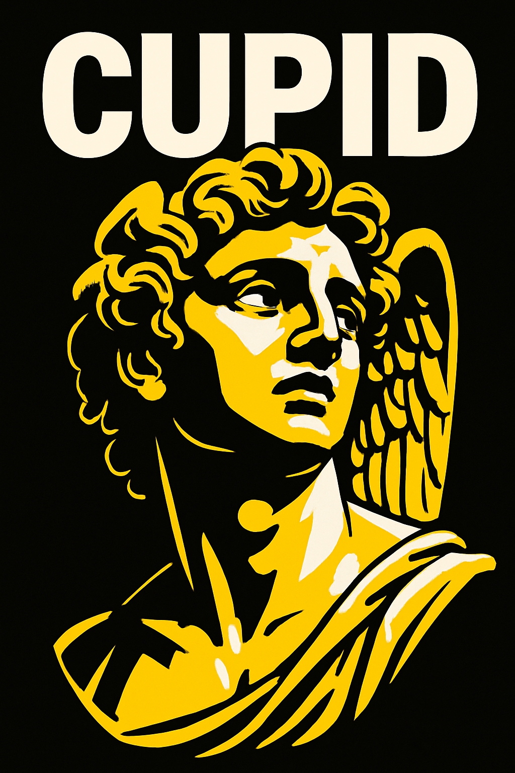 Dramatic Golden Cupid Illustration with Bold Text T-Shirt