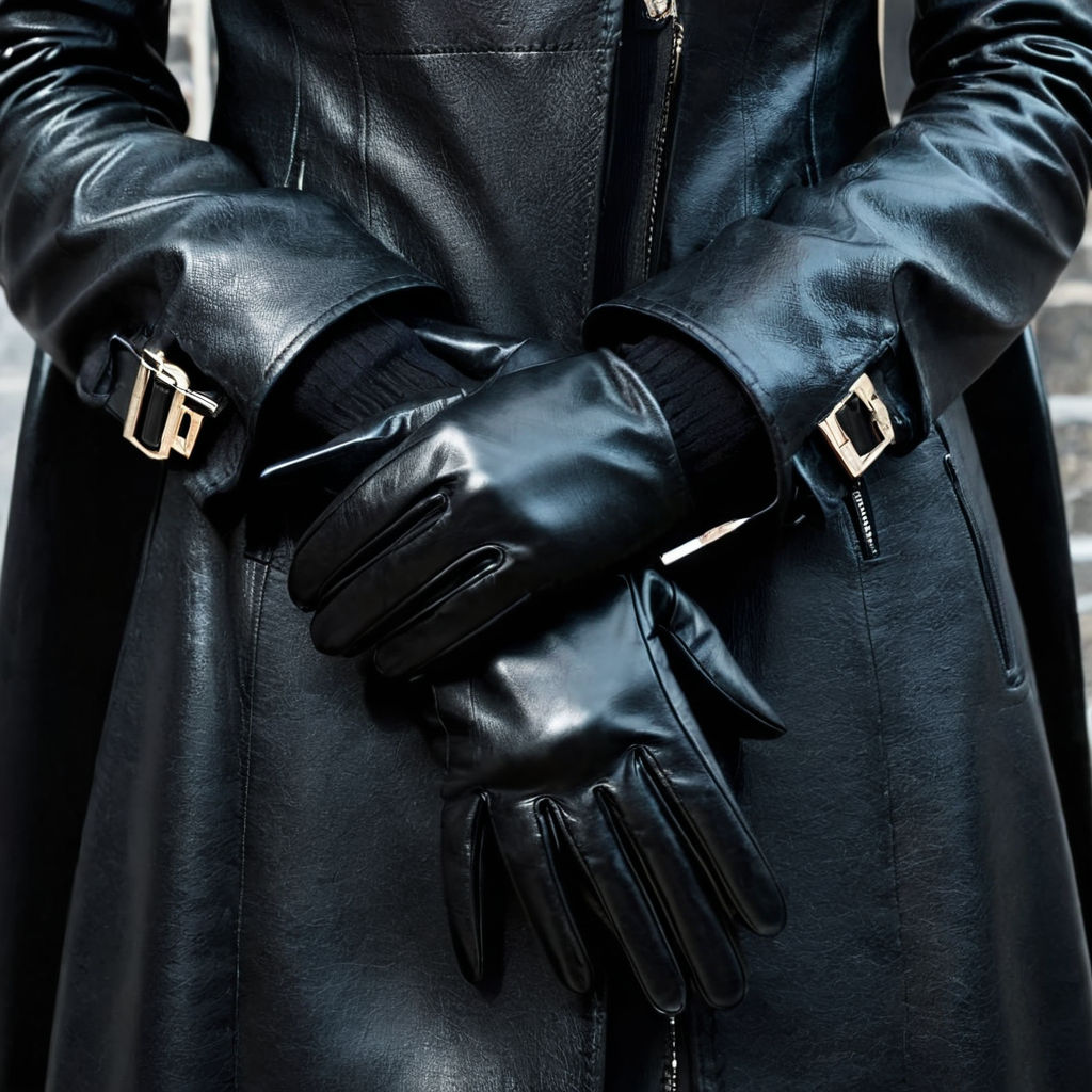 Granny wearing black leather gloves and black leather coat Holding a whip  in her hands