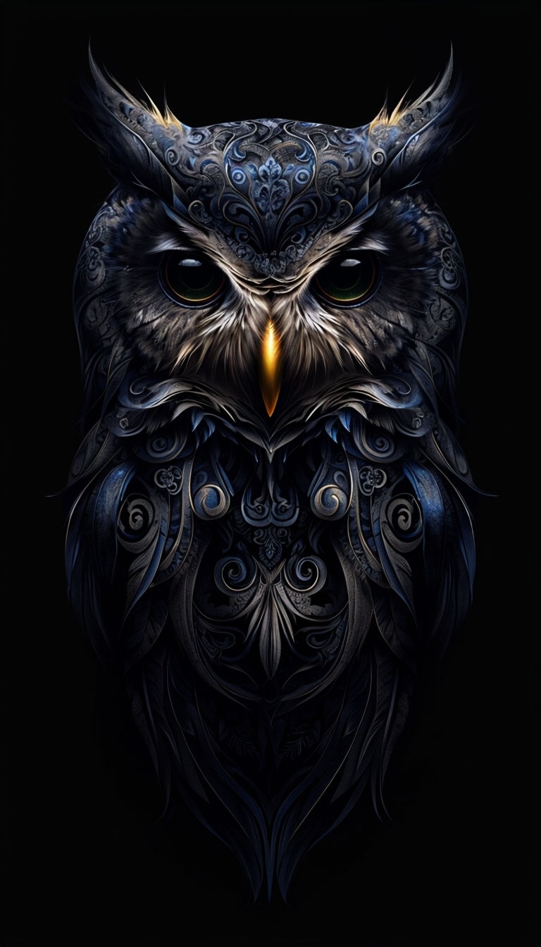 Intricate Dark Owl Illustration with Mystical Details Mobile Wallpaper