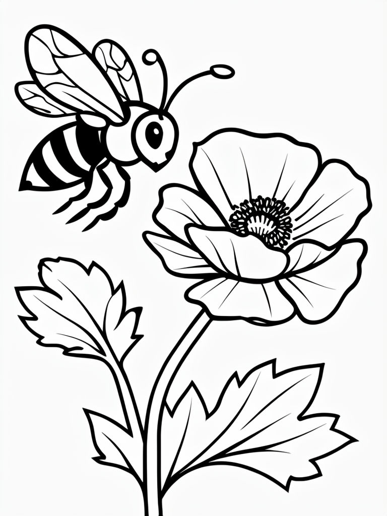Cheerful Cartoon Bee and Poppy Flower Coloring Page