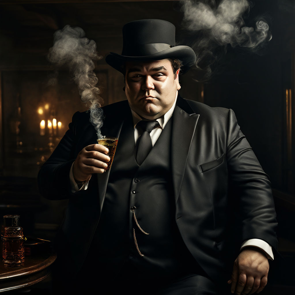 a very fat man dressed as mobster