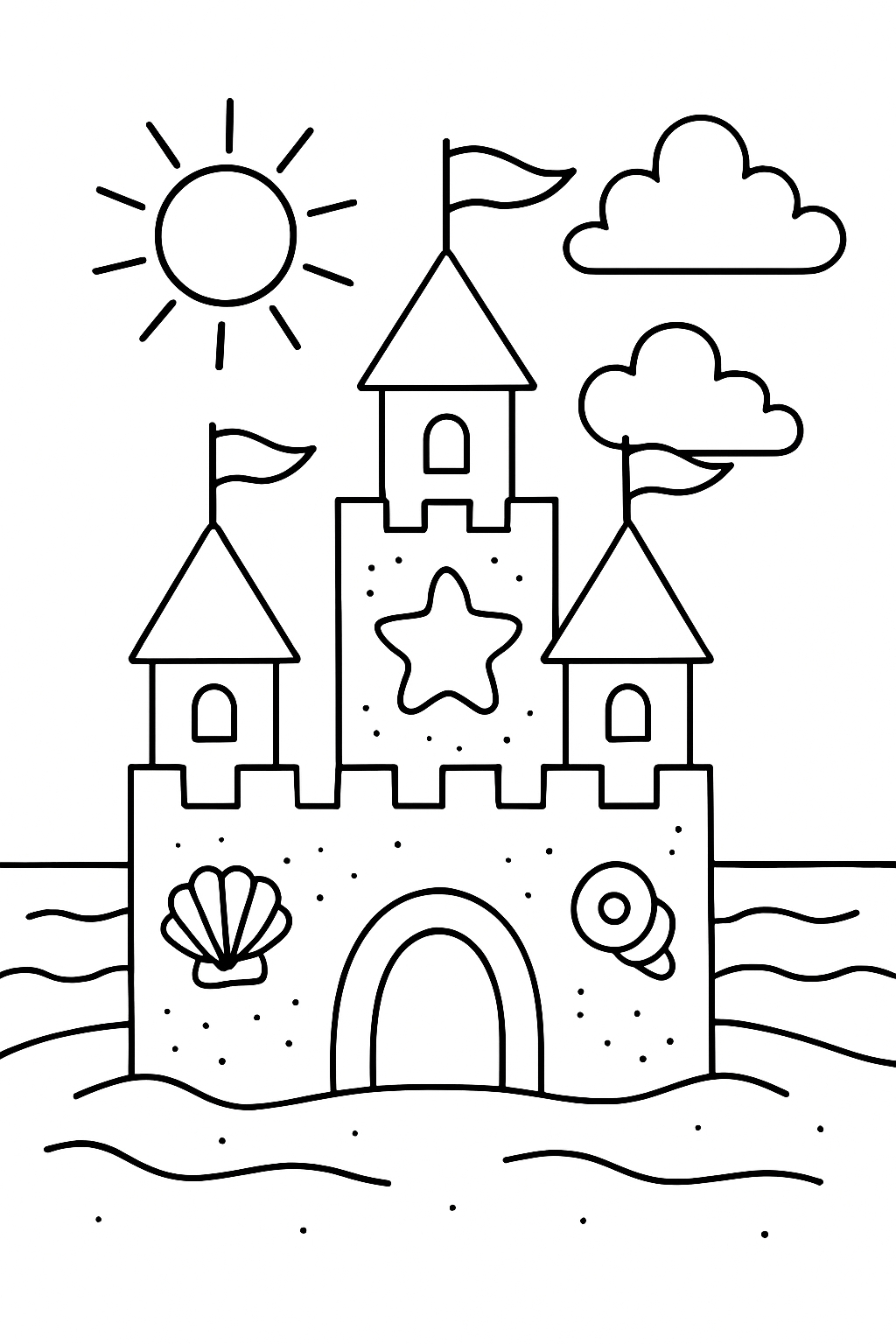 Playful Sandcastle Beach Illustration for Coloring Book Pages