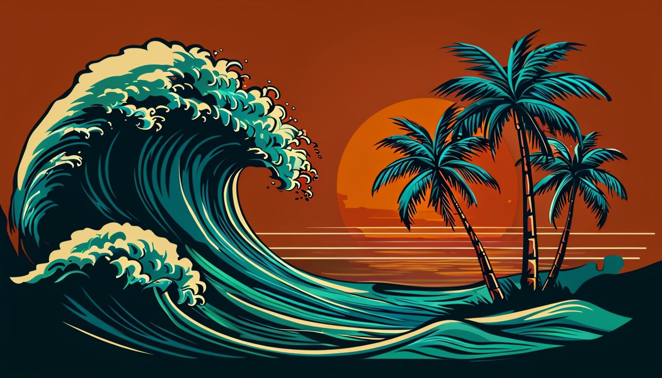 Vibrant Retro Tropical Sunset with Ocean Wave Background