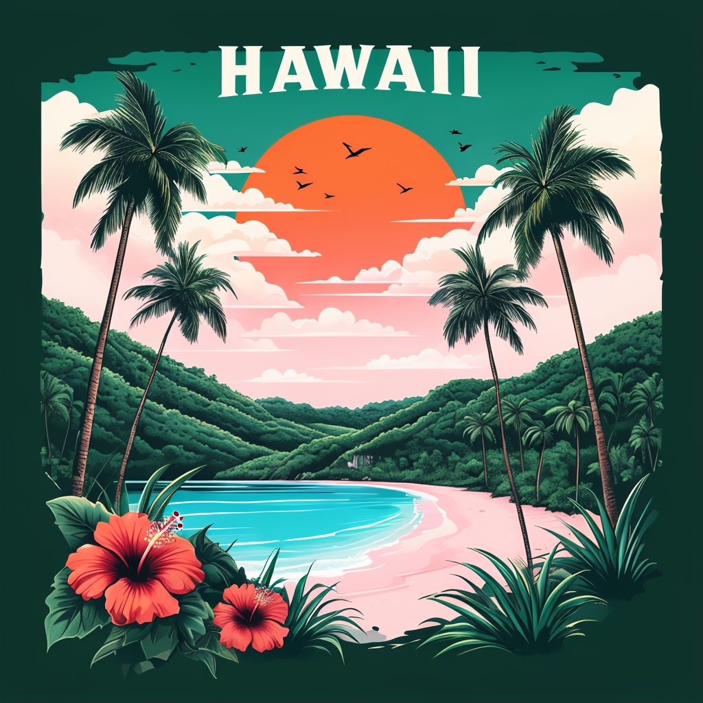 Vibrant Hawaiian Beach Scene with Tropical Hibiscus Flowers T-shirt