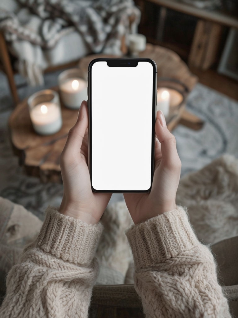 Cozy Female Hands Holding Smartphone in Warm Interior Mockup