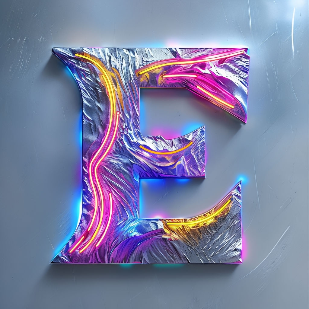 Futuristic Neon E Letter Design on Metallic Background Monogram