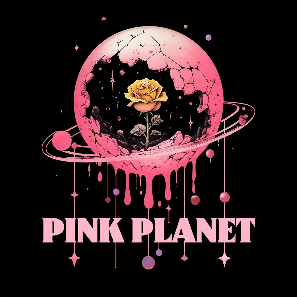 Surreal Pink Planet with Yellow Rose and Stars Poster