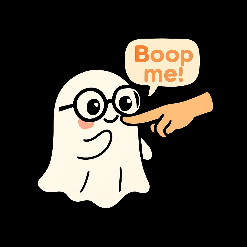 Adorable Cartoon Ghost with Glasses and 'Boop Me!' Speech Bubble Sticker