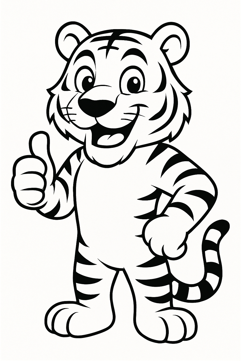 Cheerful Cartoon Tiger Character Line Drawing Coloring Book Page