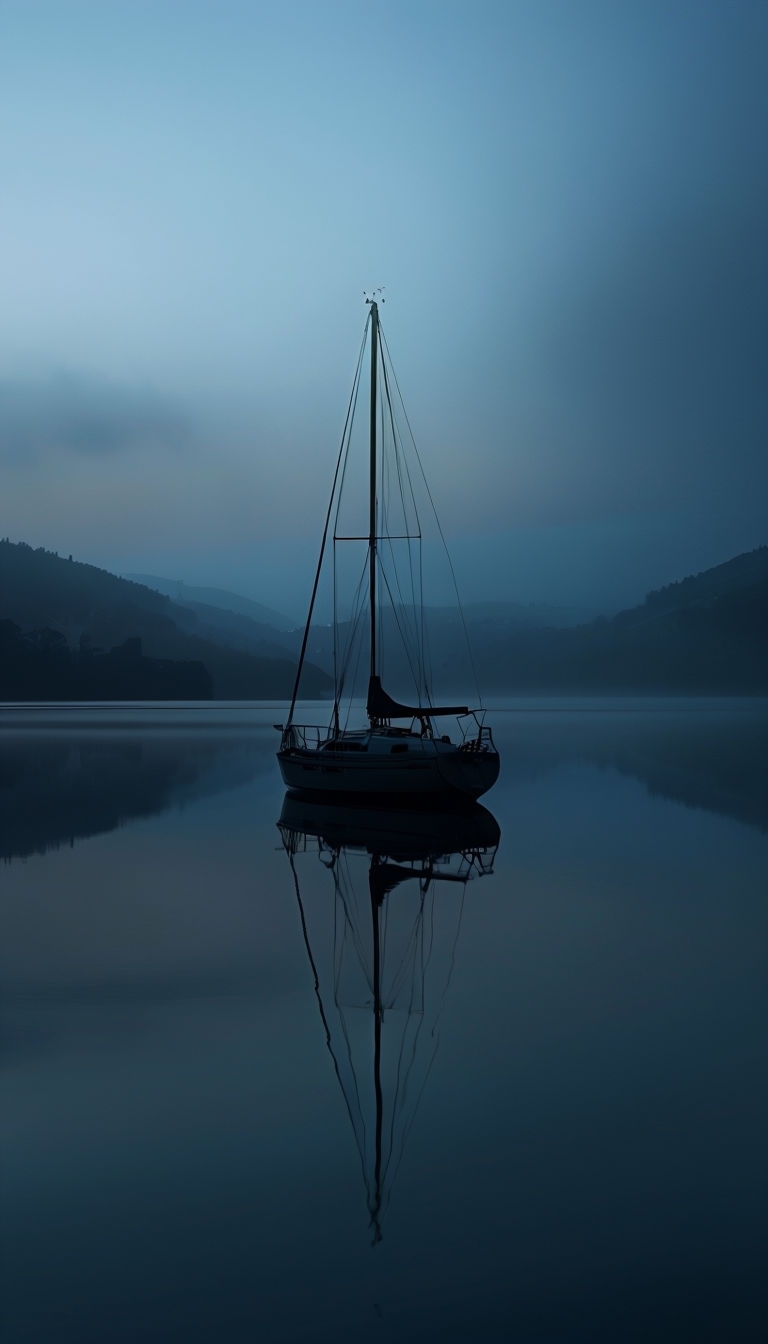 Moody Sailboat Reflection on Calm Lake at Blue Hour Mobile Wallpaper