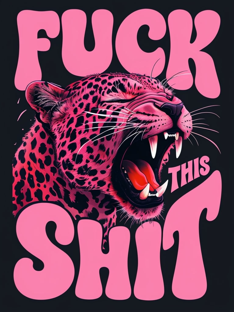 Vibrant Pink Leopard with Bold Text Aggressive Art Poster