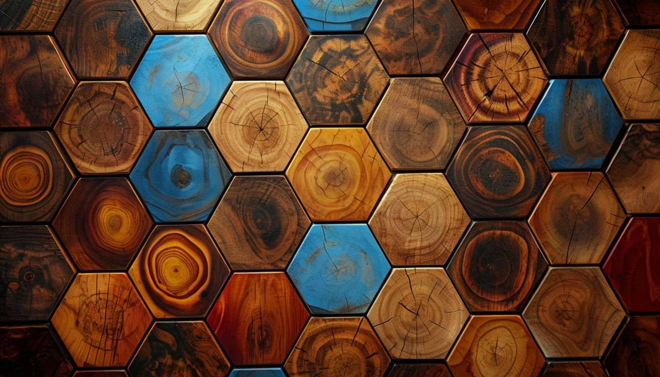 Colorful Hexagonal Wooden Tile Pattern Art for Home Decor Poster