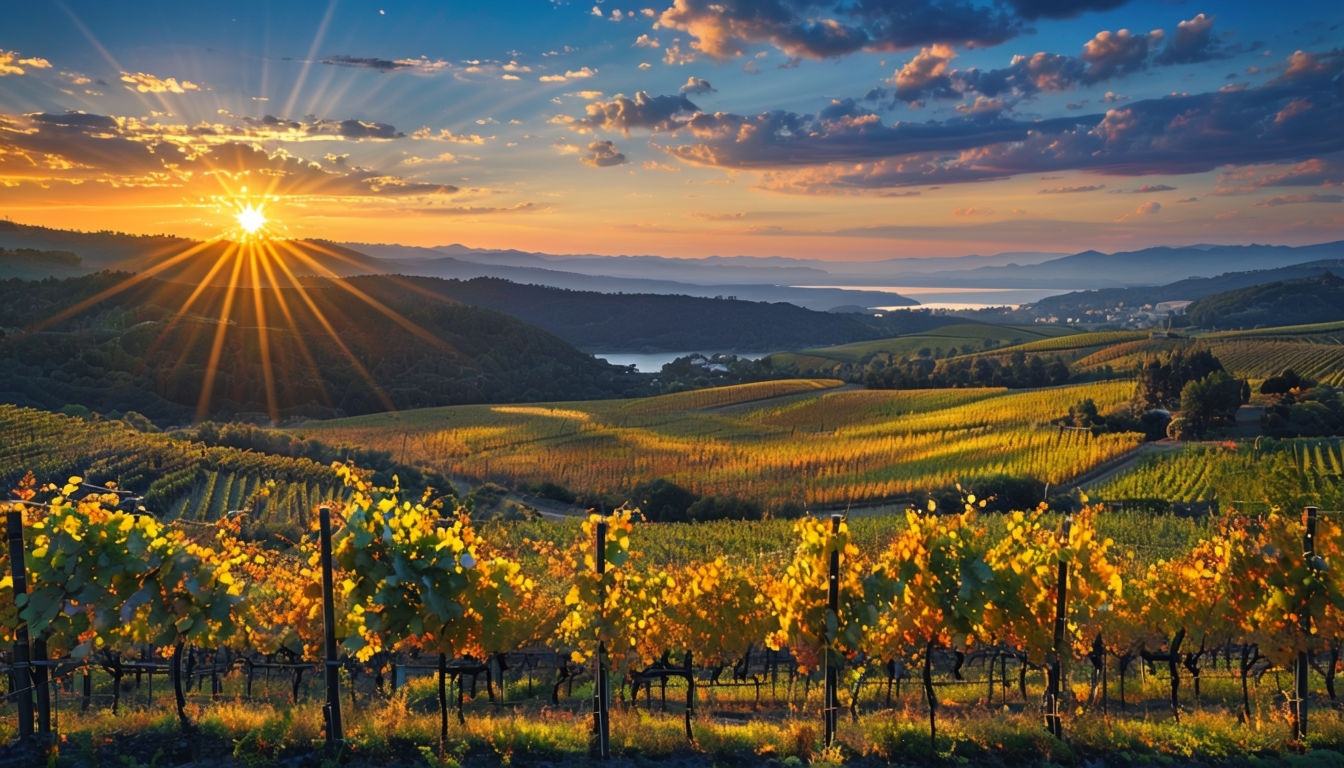 Serene Vineyard Sunset Landscape Photograph for Art