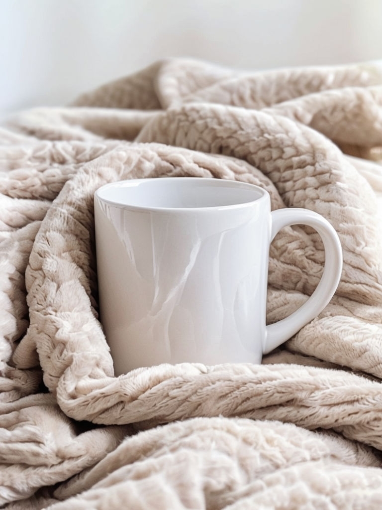 Cozy White Ceramic Mug on Soft Beige Blanket Mockup