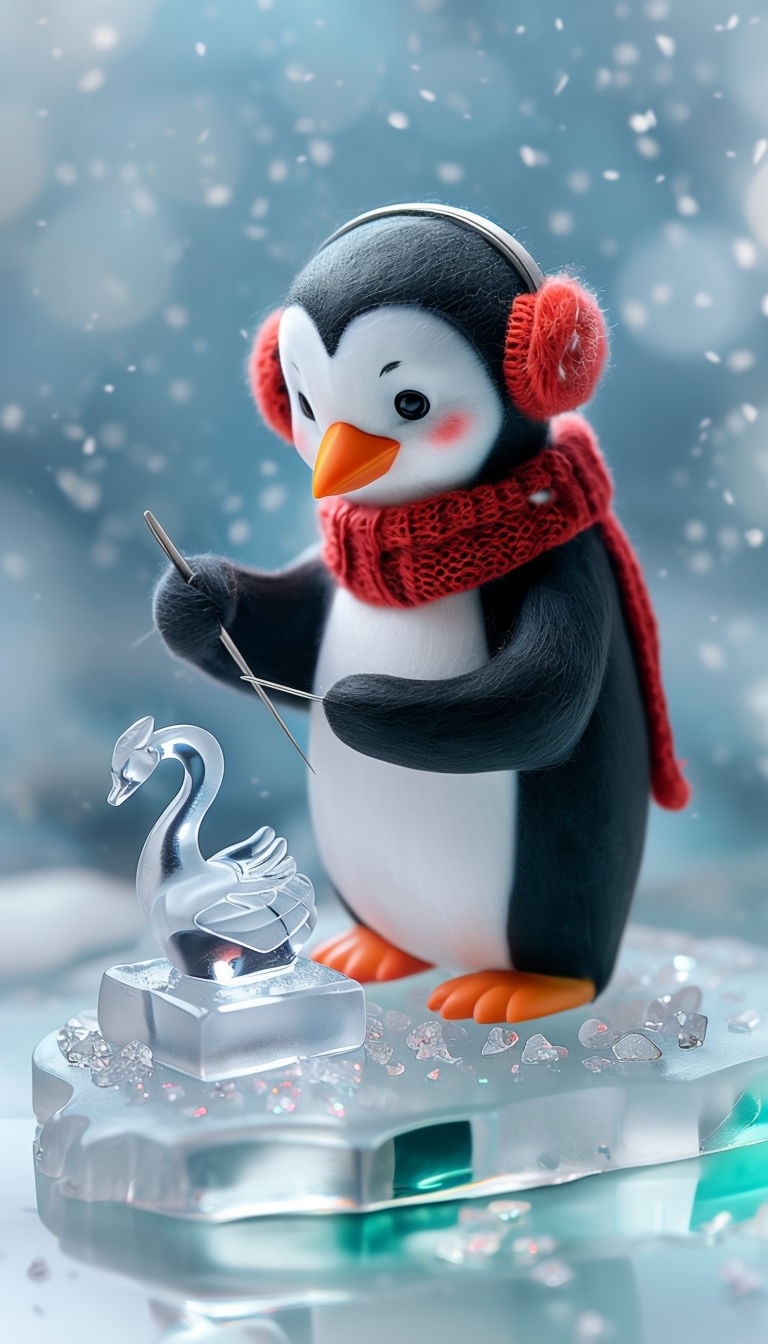 Whimsical Ice Sculptor Penguin Creating Miniature Ice Swan Mobile Wallpaper