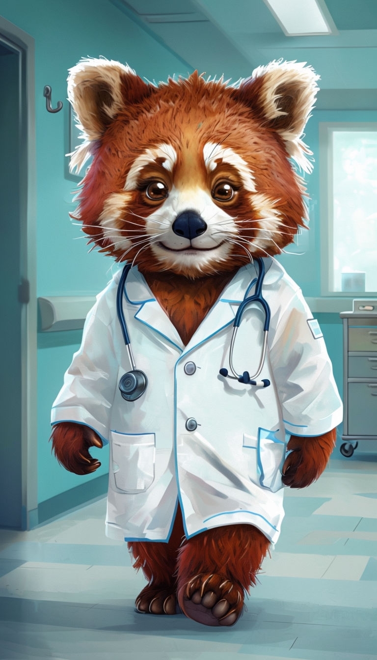 Whimsical Red Panda Doctor Cartoon Illustration Art