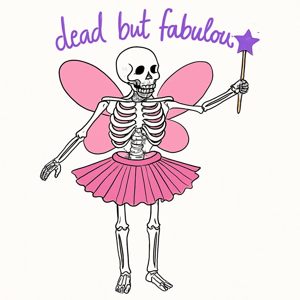 Whimsical Fairy Skeleton Illustration with "Dead But Fabulous" Sticker