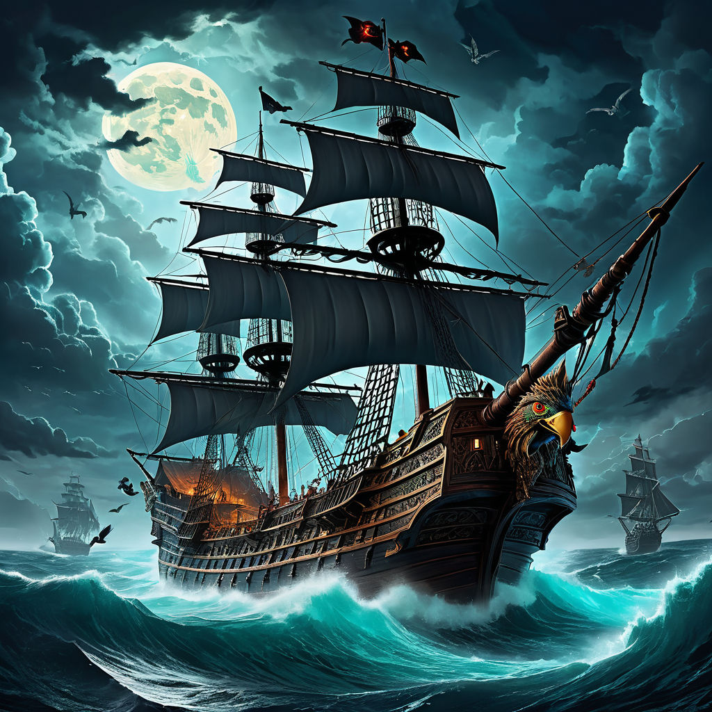 A massive galleon with torn sails drifting in an endless sto... by ...