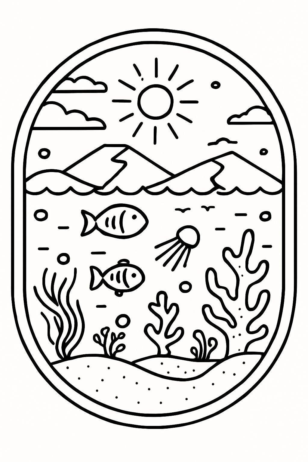 Serene Underwater Scene Minimalist Line Drawing Coloring Book Pages
