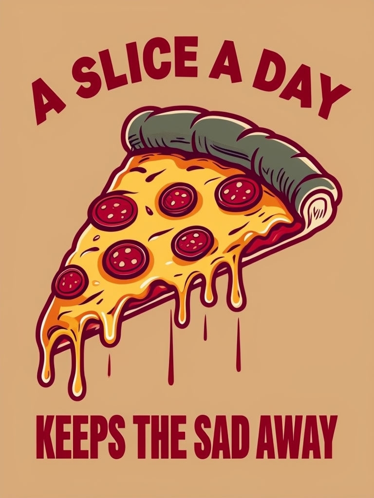 A Slice a Day Keeps the Sad Away Cartoon Pizza Poster