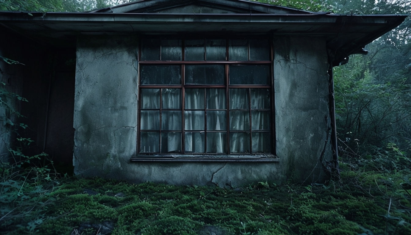 Eerie Abandoned Building Corner with Overgrown Vegetation Virtual Backgrounds