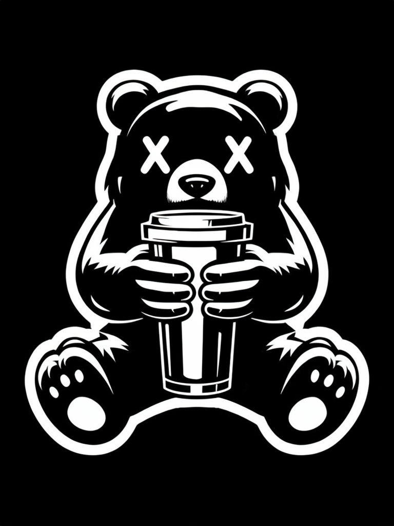 Stylized Bear with Tumbler Black and White Modern Design T-Shirt