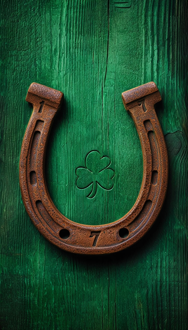 Rustic Horseshoe and Shamrock on Green Wood Background Mobile Wallpaper