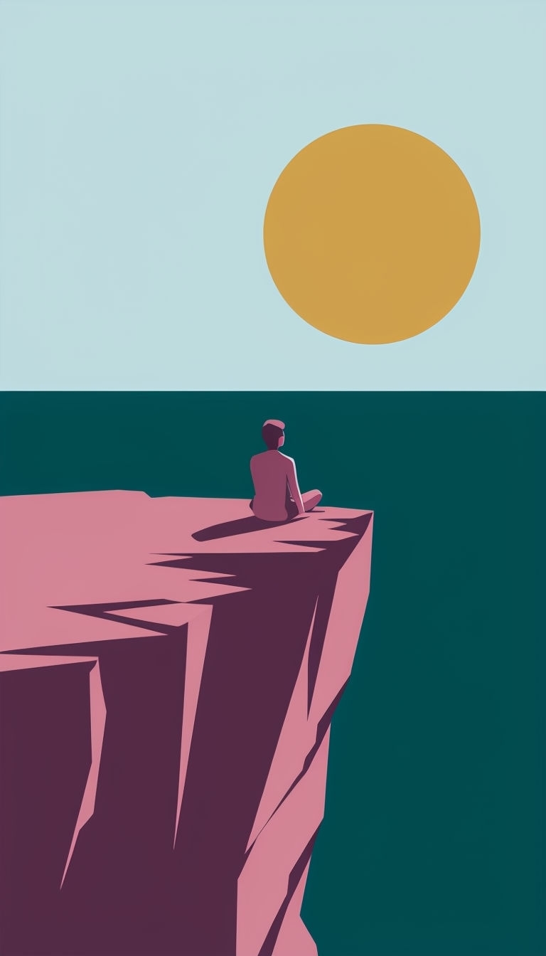 Minimalist Cliffside Contemplation with Ocean and Sunset Mobile Wallpaper