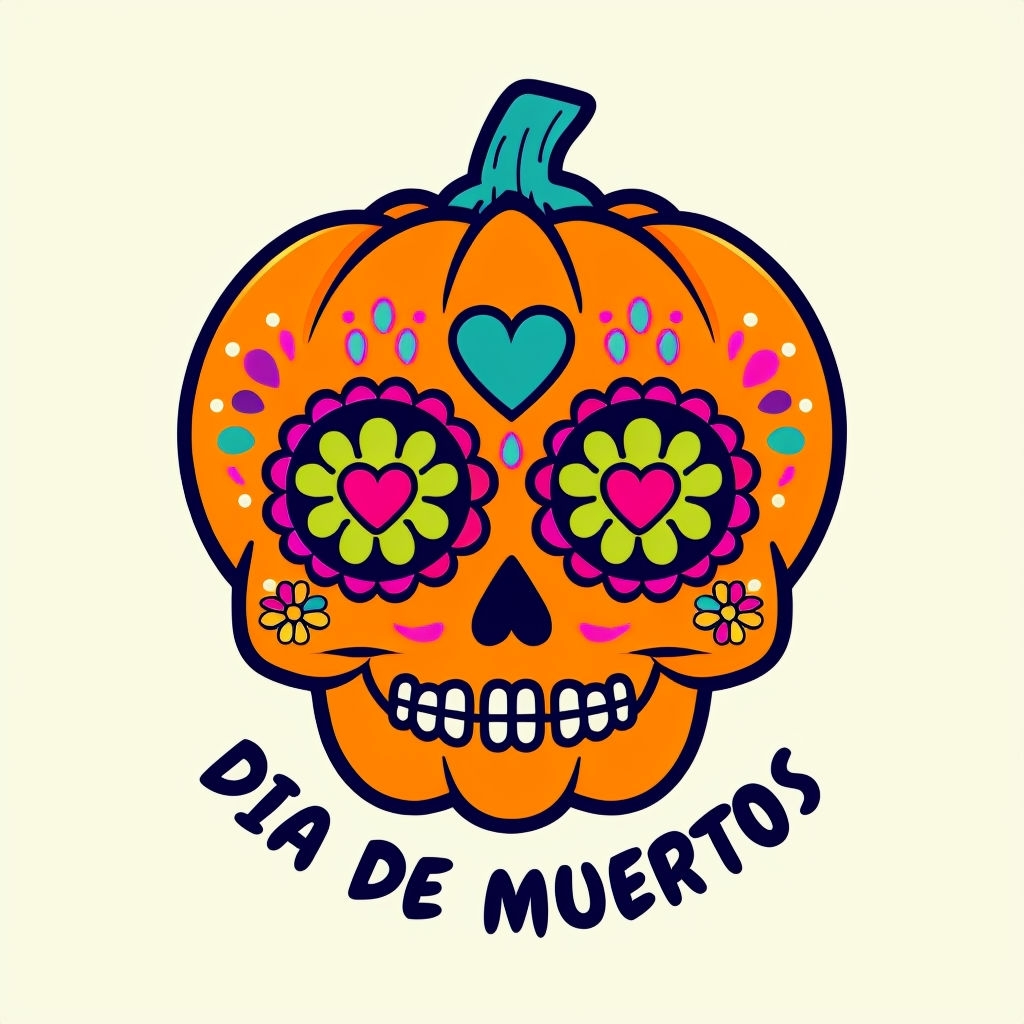 Vibrant Dia de Muertos Pumpkin Sugar Skull Cartoon T-Shirt