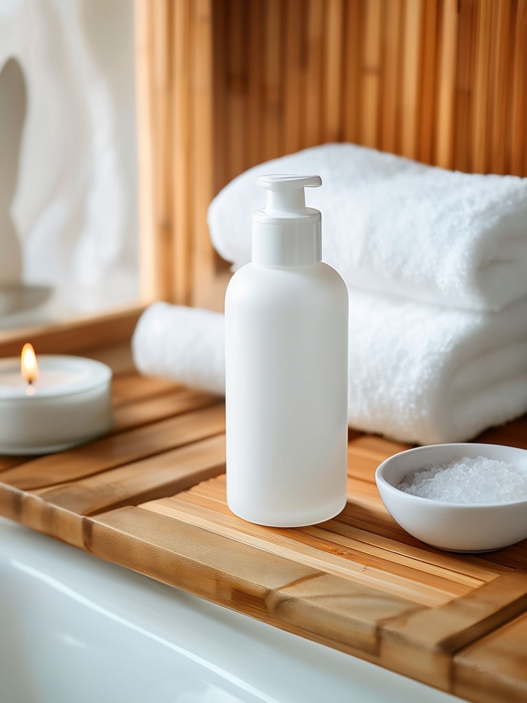 Serene Spa Skincare Bottle on Bamboo Shelf Mockup