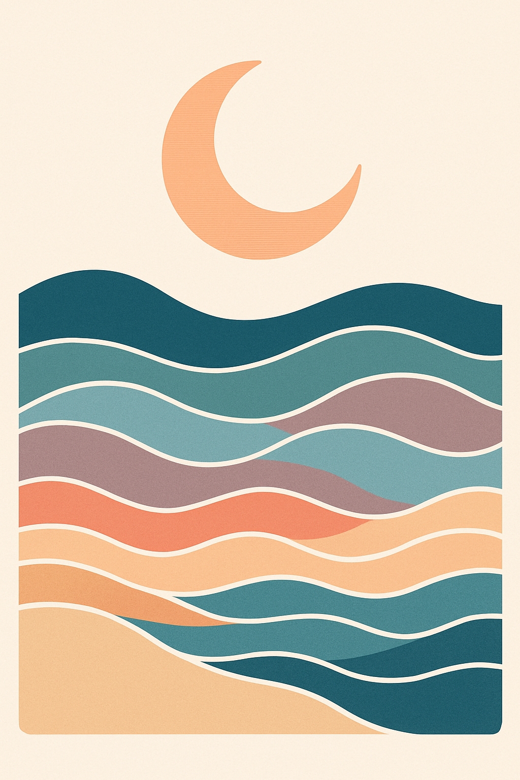 Modern Minimalist Ocean Waves and Crescent Moon T-Shirt